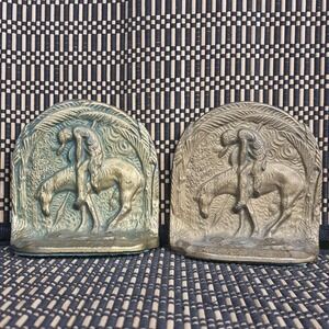 Vintage Brass Bookends The End Of "The Trail" Native American Horse